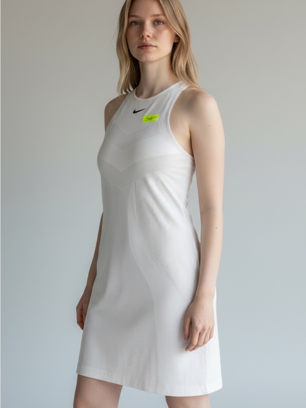 Nike White Racerback Sleeveless Athletic Dress with Neon Logo Patch Sz L